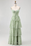Dusty Sage A Line Corset Tiered Print Floral Long Bridesmaid Dress with Slit