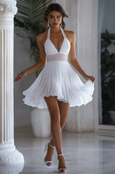 Halter White A Line Mini Graduation Dress With Ruffles