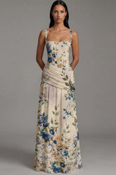 Ivory Ruched A Line Printed Long Formal Dress