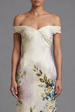 Off the Shoulder Mermaid Cut Out Ivory Printed Formal Dress