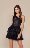 CHRISTIE MINI DRESS BLACK ONE SHOULDER TIERED SHORT DRESS