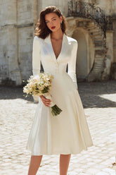 Ivory A Line Satin V Neck Courthouse Wedding Dress