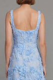 Blue Floral A Line Square Neck Midi Wedding Guest Dress
