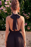 Black Halter Pleated A Line Wedding Guest Dress with Slit