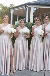 Light Pink One Shoulder A line Satin Long Bridesmaid Dress with Slit