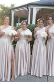 Light Pink One Shoulder A line Satin Long Bridesmaid Dress with Slit