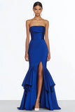 Royal Blue Mermaid Strapless Satin Long Formal Dress with Slit