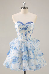 Blue Flower A Line Strapless Tiered Homecoming Dress