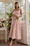 Blush Floral A Line Square Neck Brocade Midi Wedding Guest Dress