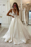 A Line V neck Lace Appliques Satin Wedding Dress Bridal Gowns