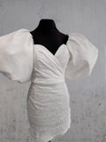 Sheath White Puff Sleeves Short V Neck Wedding Dress