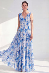 Blue A Line V Neck Floral Mother of the Bride Dress