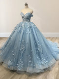 Acacia Lace Dusty Blue Off the Shoulder Ball Gown Quinceanera Dresses
