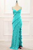 Spaghetti Straps Jade Tiered Mermaid Bridesmaid Dress With Slit