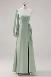 Sage Green A Line One Shoulder Ruched Long Bridesmaid Dress with Slit