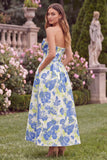 Blue Floral Strapless A Line Midi Wedding Guest Dress with Pockets