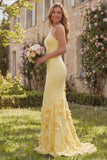 Daffodil Mermaid Halter Long Bridesmaid Dress with 3D Flowers