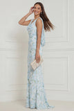 Floral Printed Blue White V Neck Mermaid Long Bridesmaid Dress