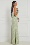Sage Green Floral Cowl Neck Sheath Long Bridesmaid Dress with Slit