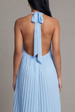Halter Pleated A Line Sky Blue Wedding Guest Dress