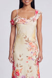 Champagne Asymmetrical Neck Floral Wedding Guest Dress