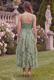 Floral Printed Sage A Line Ruffled Midi Wedding Guest Dress