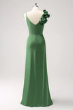 Olive Green Sheath Spaghetti Straps Pleated Satin Long Bridesmaid Dress with Slit