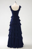 Dark Navy A Line Square Neck Tiered Long Chiffon Bridesmaid Dress with Ruffles