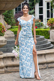 White Blue Flower Sheath Backless Long Bridesmaid Dress with Slit