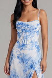 Floral Blue Corset Ruched A Line Midi Wedding Guest Dress with Slit