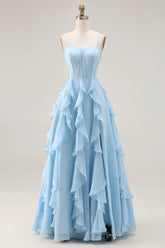 Sky Blue A Line Ruffled Corset Long Bridesmaid Dress with Slit