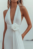 White A Line V Neck Engagement Dress With 3D Flowers