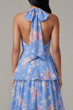Halter Tiered A Line Floral Blue Midi Wedding Guest Dress