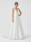 Ivory A Line Deep V Neck Long Wedding Dress with Bowknot