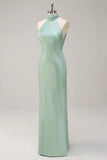 Agave Sheath Halter Satin Floor Length Bridesmaid Dress with Open Back