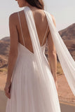 Ivory A Line Spaghetti Straps Maxi Wedding Dress with Sash