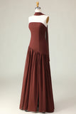 Brown Strapless Sheath Convertible Maxi Dress with Slit