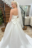 White Strapless Bow Back Pearls A Line Wedding Dress