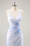Blue Flower Sheath V Neck Ruched Long Bridesmaid Dress with Slit