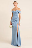 Dusty Blue Sheath Ruched Off The Shoulder Long Bridesmaid Dress