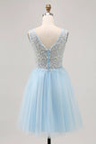 Blue A Line V Neck Floral Appliqued Short Homecoming Dress