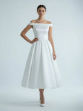 Sleeveless Tea Length Satin Wedding Dress With Sash And Off The Shoulder Neck
