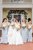 Strapless Tie Front Sky Blue Sheath Long Bridesmaid Dress