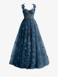 Navy Blue A line Butterfly Lace Lilac Corset Prom Dress with Slit