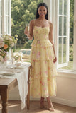 Tiered Corset A Line Floral Yellow Wedding Guest Dress