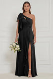 Sage A Line One Shoulder Long Bridesmaid Dress with Slit