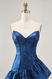 Metallic Dark Blue A Line Asymmetrical Short Homecoming Dress with Ruffles