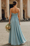 Sweetheart A Line Dusty Blue Pleated Long Bridesmaid Dress