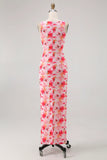 Simple Pink Flower Sheath Boat Neck Wedding Guest Dress