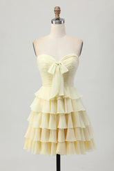 Light Yellow Strapless Tiered Ruched A Line Short Homecoming Dress